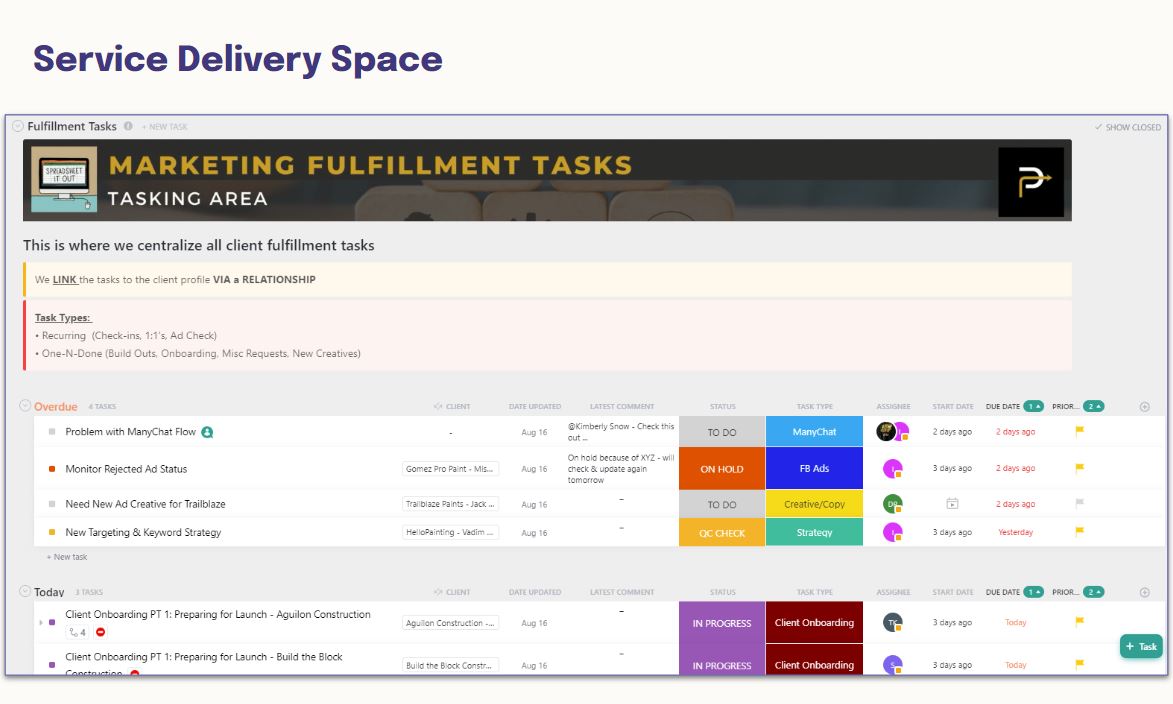 service delivery space client deliverables in clickup